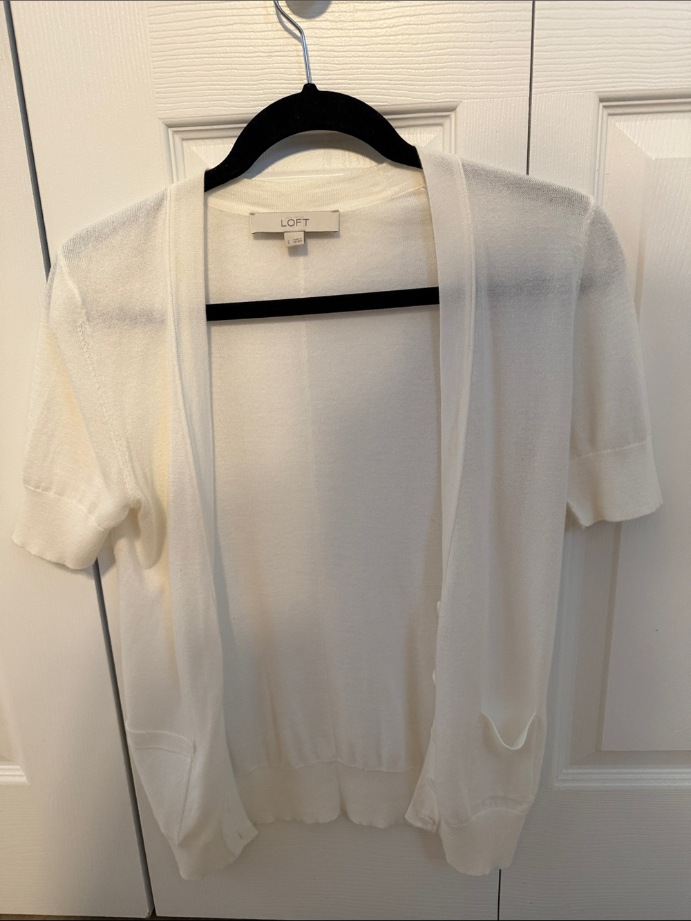 LOFT White Short-Sleeve Open-Front Cardigan with Pockets